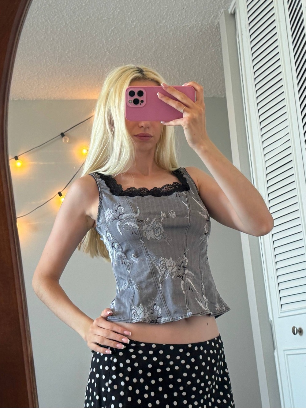 Vintage Arianne Gray Floral Lace-Trim Camisole